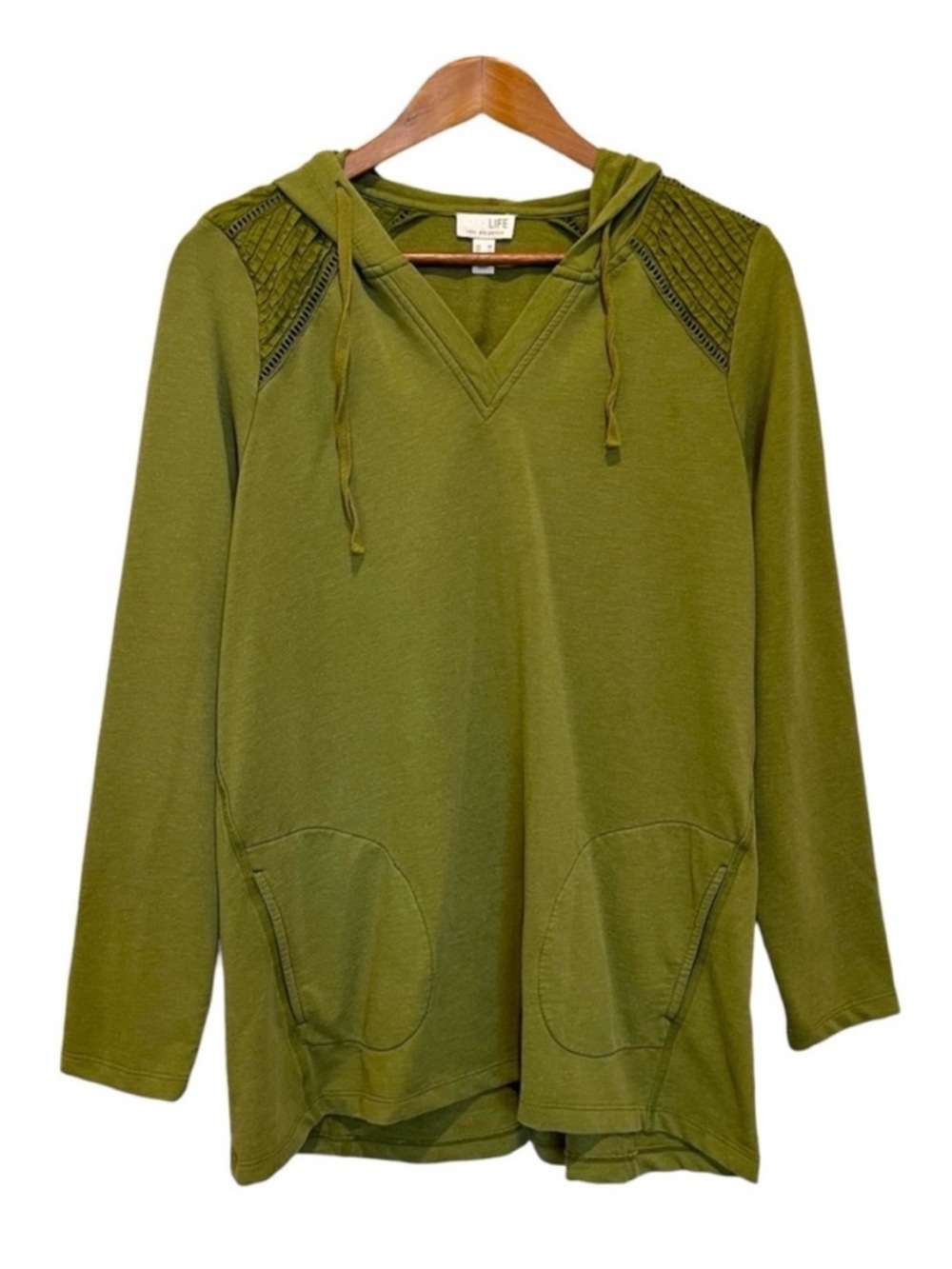 LOGO Life Lori Goldstein Hoodie Womens Medium Green Quilted Shoulder Boho Casual